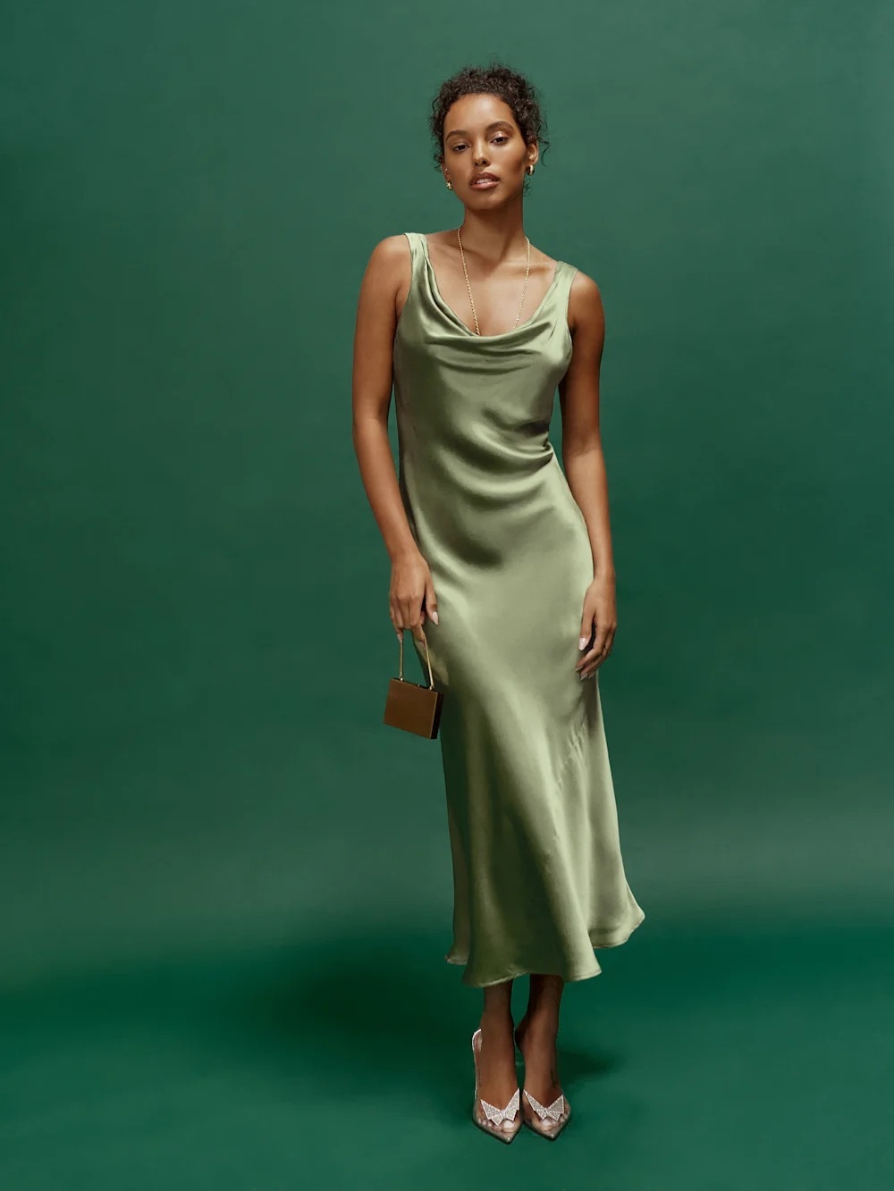 Reformation Bryn Silk Dress in Artichoke - Picture 2 of 6